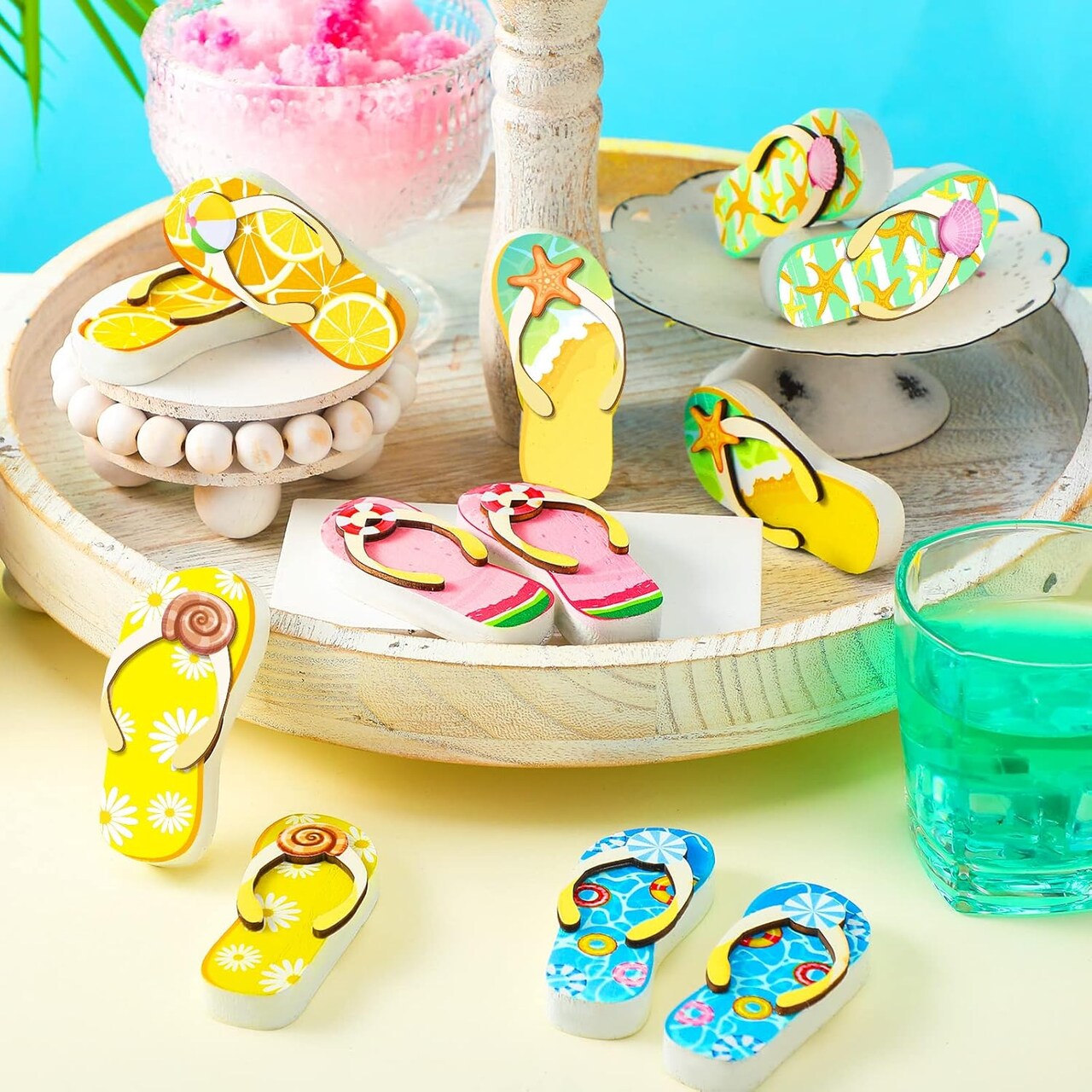 12 Pcs Summer Tiered Tray Decor Summer Decorations for Home Flip Flop Tiered Tray Decor Set Beach Hawaii Slippers Wooden Tabletop Signs Summer Flip Flop Decorations for Home Kitchen Table (Colorful)
